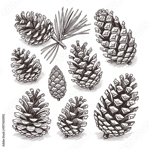 Pinecones display textured scales and organic forms alongside evergreen needles in this detailed hand-drawn botanical black ink sketch.
