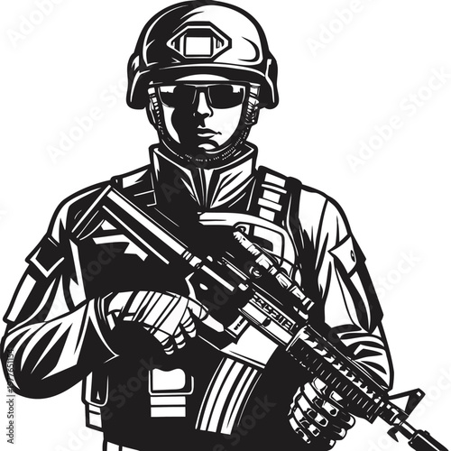 Focused military soldier wearing a combat helmet and dark sunglasses holding a powerful assault rifle