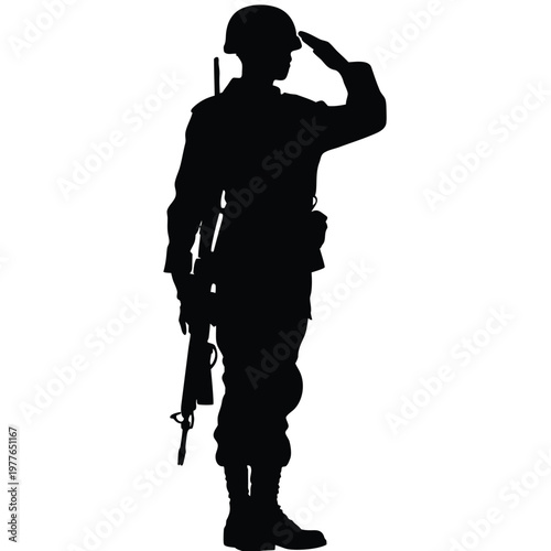 Soldier silhouette saluting while holding a rifle standing in uniform with a helmet