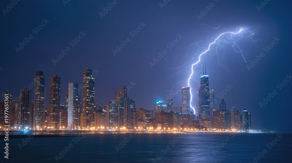 Obraz premium Lightning over illuminated city skyline at night along river