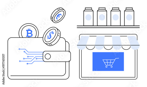 Fintech solutions, e-commerce, online payments, cryptocurrency, digital transactions, financial technology. A wallet with coins and a storefront illustration. Fintech solutions and e-commerce concept