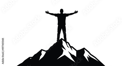 A man stands triumphantly with arms outstretched atop a mountain silhouette