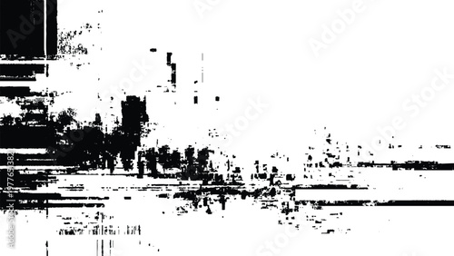 Glitchy distorted digital noise pattern with black pixels on white background error corrupted screen malfunction