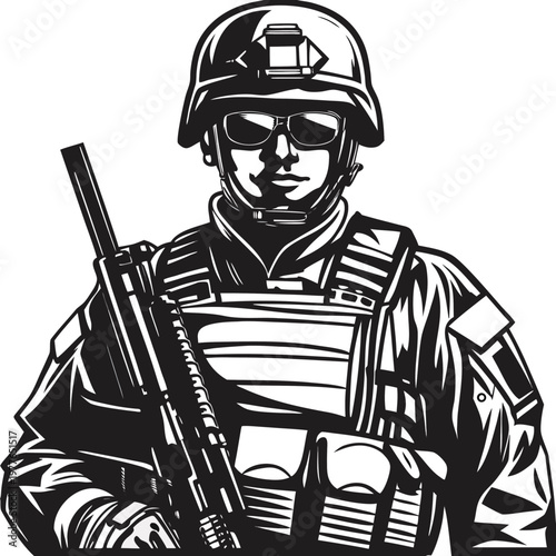 Serious military soldier in tactical gear wearing helmet and sunglasses holding assault rifle