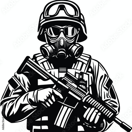 Specialized Military Soldier Wearing Gas Mask and Tactical Gear Armed with Assault Rifle