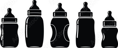 Baby bottle silhouette illustration, infant feeding icon, newborn care graphic, black and white design, childcare artwork, parenting symbol, milk container sketch
