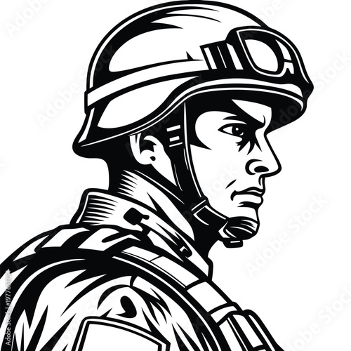 Determined soldier portrait with tactical helmet and protective goggles in profile