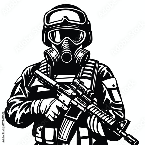 Military operator in tactical uniform wearing gas mask and helmet holding an assault rifle