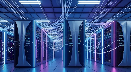 Futuristic Data Center with Glowing Server Racks and Interconnected Network Cables Representing Big Data, Cloud Computing, and AI Technology