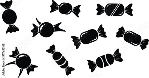 Black candy silhouette illustration, wrapped sweet icon, vintage confection sketch, decorative treat design, monochrome dessert artwork, stylized sugar graphic, food symbol