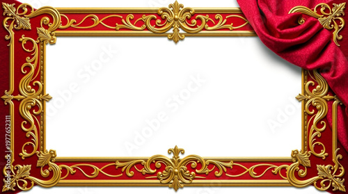 A luxurious red and gold ornate frame with a draped curtain in the corner