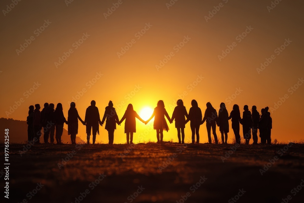 Fototapeta premium Silhouetted diverse group joining hands in unity against a sunset sky