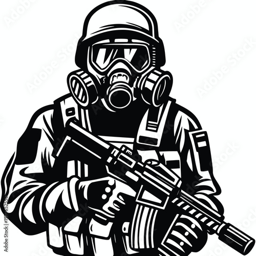 Tactical Soldier Wearing Gas Mask Helmet and Assault Rifle in Full Combat Readiness Illustration