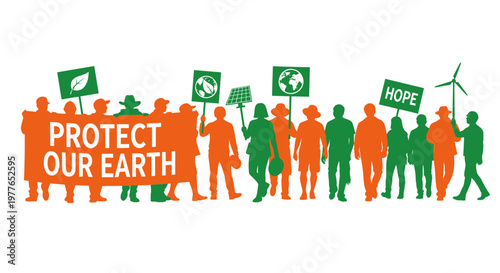 People protesting for environmental protection and sustainability with signs and banners