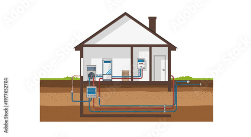 Geothermal house heating system illustration with underground pipes and residential building cross section