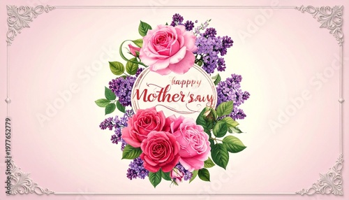 Beautiful floral arrangement celebrating Mother's Day with soft pink roses and delicate lilacs.