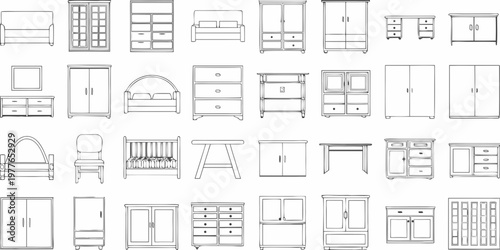 Collection of furniture outlines cabinets dressers chairs and beds