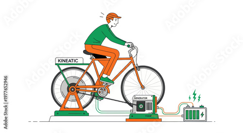 Man riding bicycle connected to kinetic energy generator producing electricity