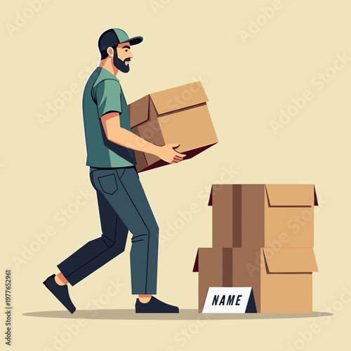 A bearded delivery man in a green cap and shirt carries a cardboard box toward a stack of packages on a light background. This scene depicts professional logistics and shipping services.