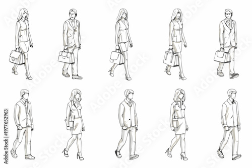 Fashion sketches of business professionals walking with briefcases and handbags