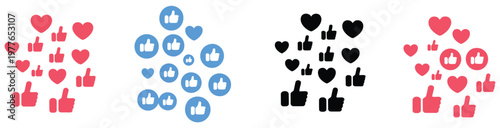 Thumb, up icon set featuring social media like symbols, flying likes and red hearts in different colorful styles, engagement and approval concept, modern flat vector 