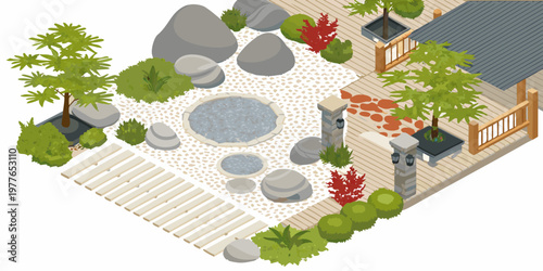 Isometric view of a peaceful japanese garden with rocks and a hot tub