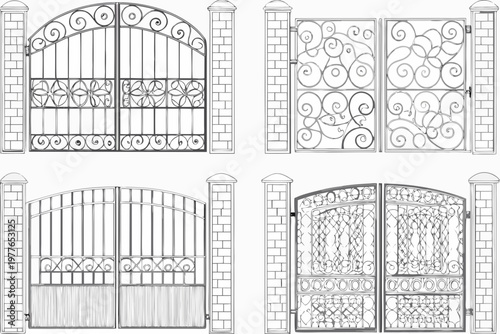 Four ornate wrought iron gates with decorative pillar designs
