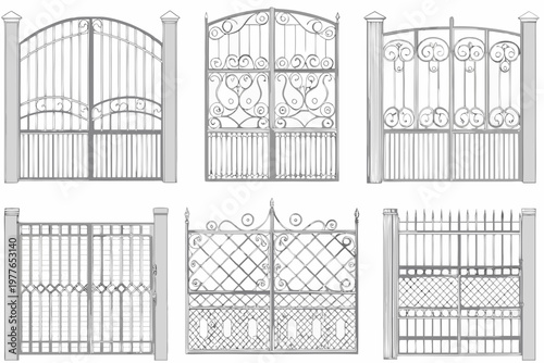 Detailed black and white line drawing of various ornate metal gates