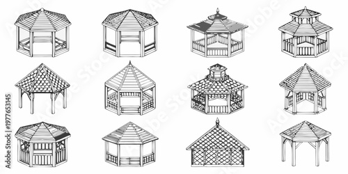 Collection of architectural drawings depicting various gazebo designs