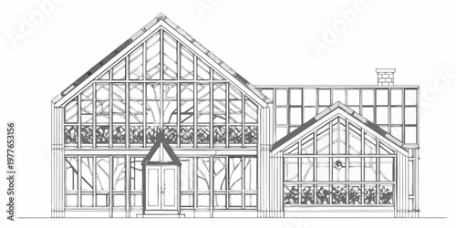 Detailed architectural sketch of a traditional gable and frame building