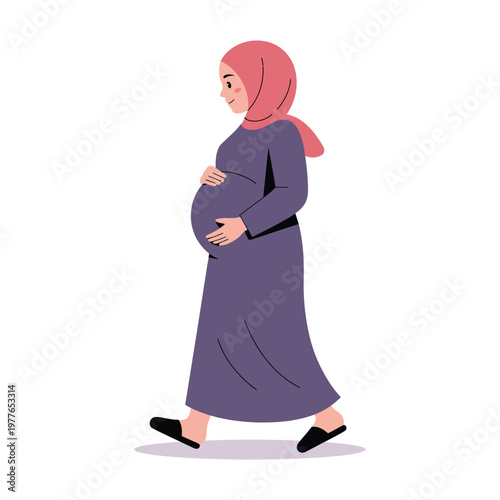 Muslim pregnant woman wearing a pink hijab walks forward while holding her baby bump in a flat vector illustration that celebrates cultural diversity and the shared experience of motherhood today.