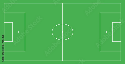 Soccer field top view vector illustration, green football pitch with white line markings, aerial stadium turf background for sports strategy