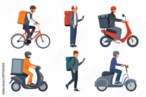 Diverse delivery workers using bicycles and scooters for quick service