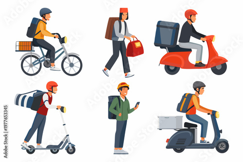 Diverse delivery people using various transportation methods for quick service