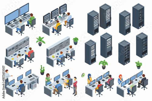 Isometric illustration of data centers servers and people working