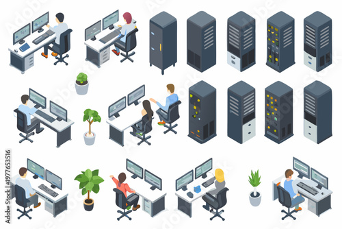 Isometric illustration of data centers workstations and server infrastructure