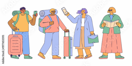 Diverse group of travelers with luggage and personal items walking together