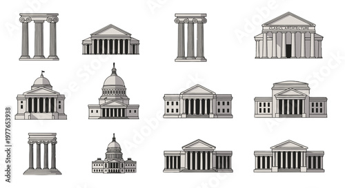 Collection of architectural building facades and columns.