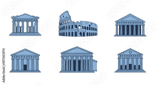 Collection of ancient architectural structures icons.