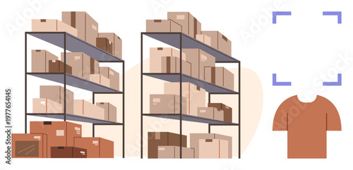 Logistics, e-commerce, inventory tracking, warehouse storage, product packaging, digital automation. Shelves filled with boxes, garment scanning target marker. Logistics and inventory tracking