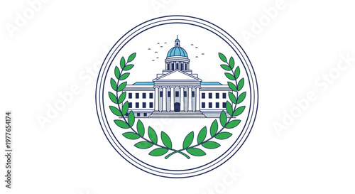 Emblem with government building and laurel wreath.