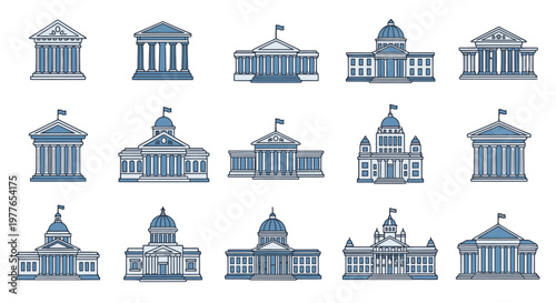 Collection of various government building icons.
