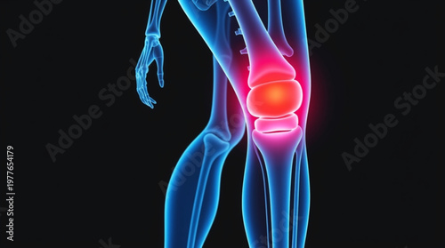 A medical illustration of a human knee with highlighted pain or inflammation