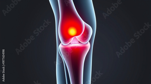 A medical illustration of a knee joint with highlighted pain area