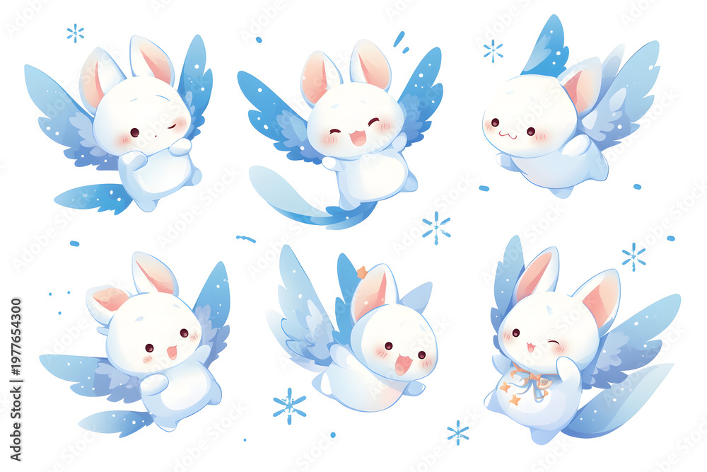 Fototapeta premium 青い翼を持つ可愛い白い精霊のちびキャラステッカーシート。ファンタジーな動物のキャラクターセット