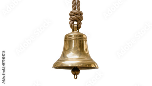 Obraz na płótnie Polished brass ship bell with thick rope knot, isolated on transparent backgroun