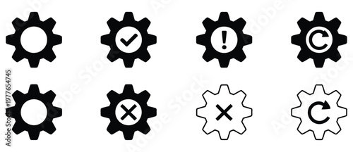 Gear, icon bundle for web UI featuring minimalist cogs with status indicators and settings actions, system configuration and control concept, modern flat vector