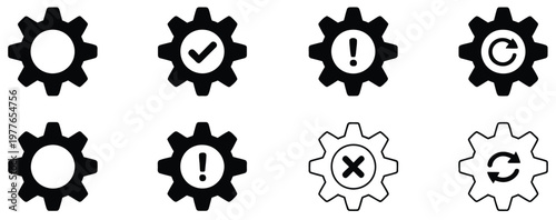 Gear, vector icon set with minimalist cog symbols, status indicators, and settings actions, representing system control, configuration, and UI functionality, clean modern flat design