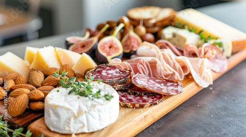 A charcuterie board is displayed with diverse meats, cheeses, fruits, and nuts on a wooden tray across a kitchen counter
