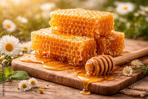 Natural Honey, Honeycomb, and Bee Products with Herbs and Flowers on Wooden Background